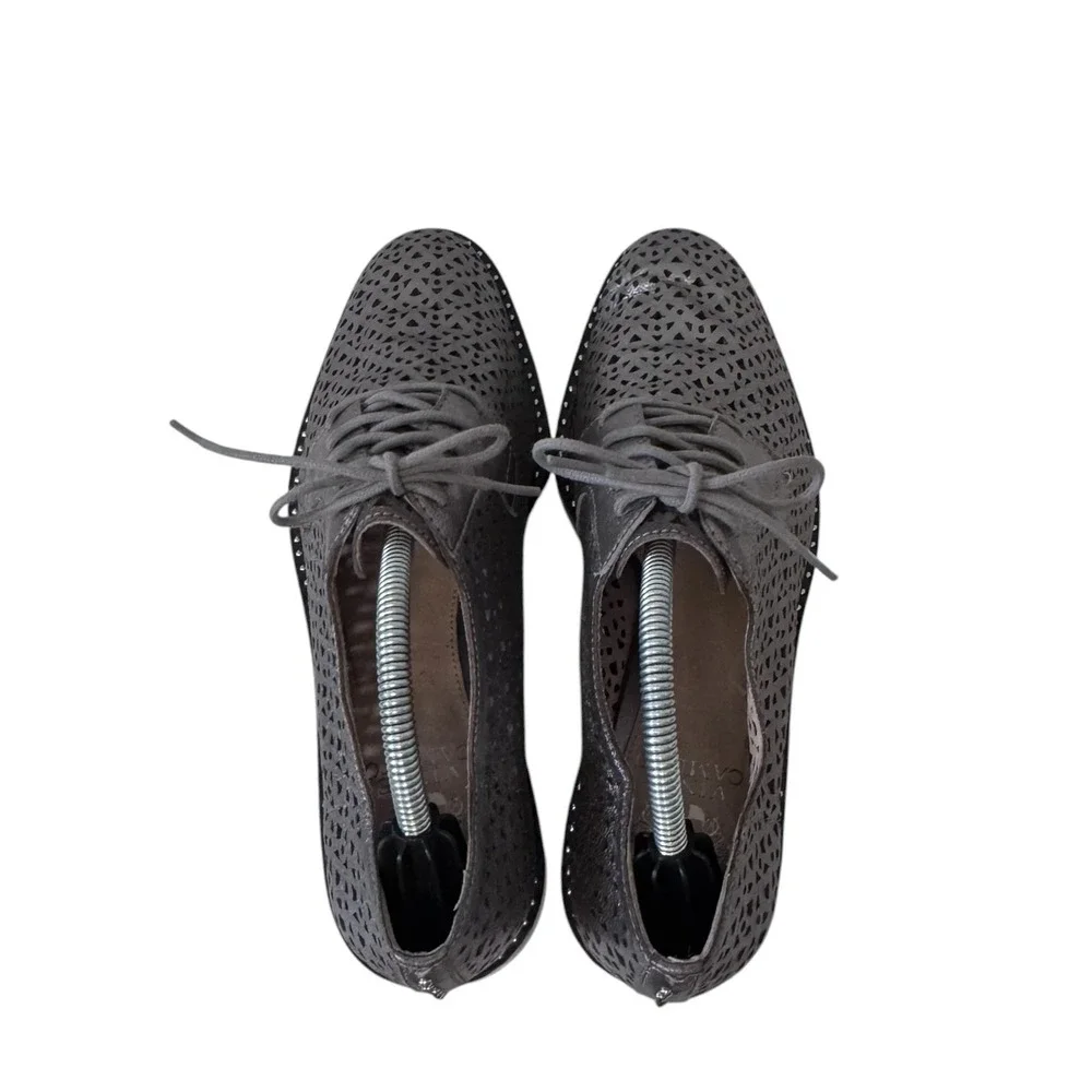 Vince Camuto Metallic Pewter Perforated Leather Studded Oxfords Shoes Womens